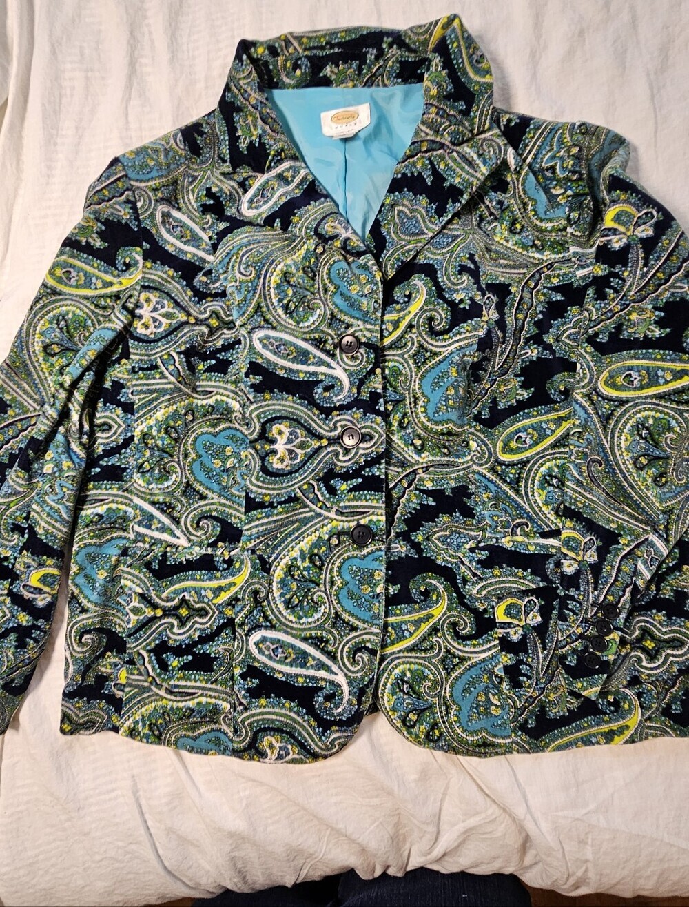 Talbots Paisley Print Velvet Blazer in Aqua, Green & Yellow Size 18
